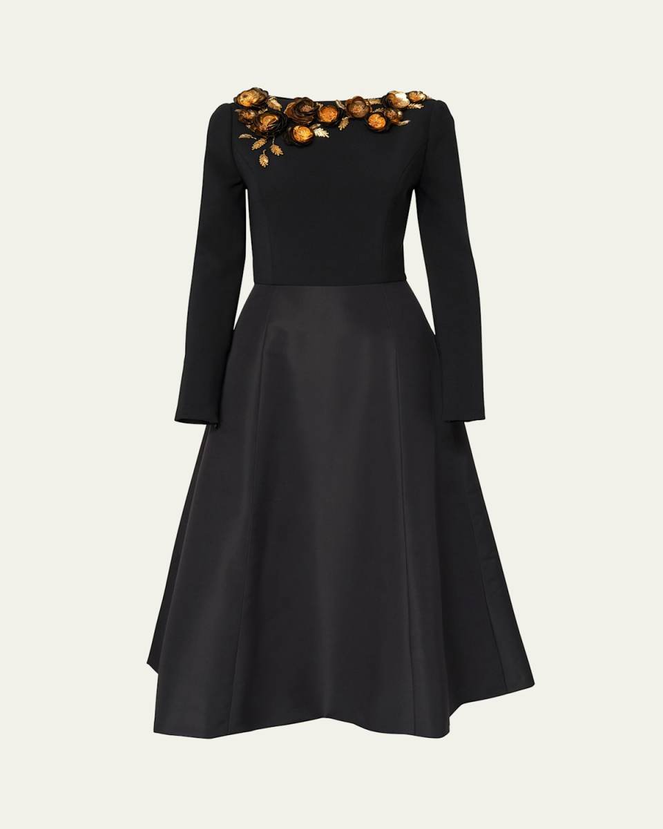 3D Floral Embellished Long-Sleeve Midi Dress